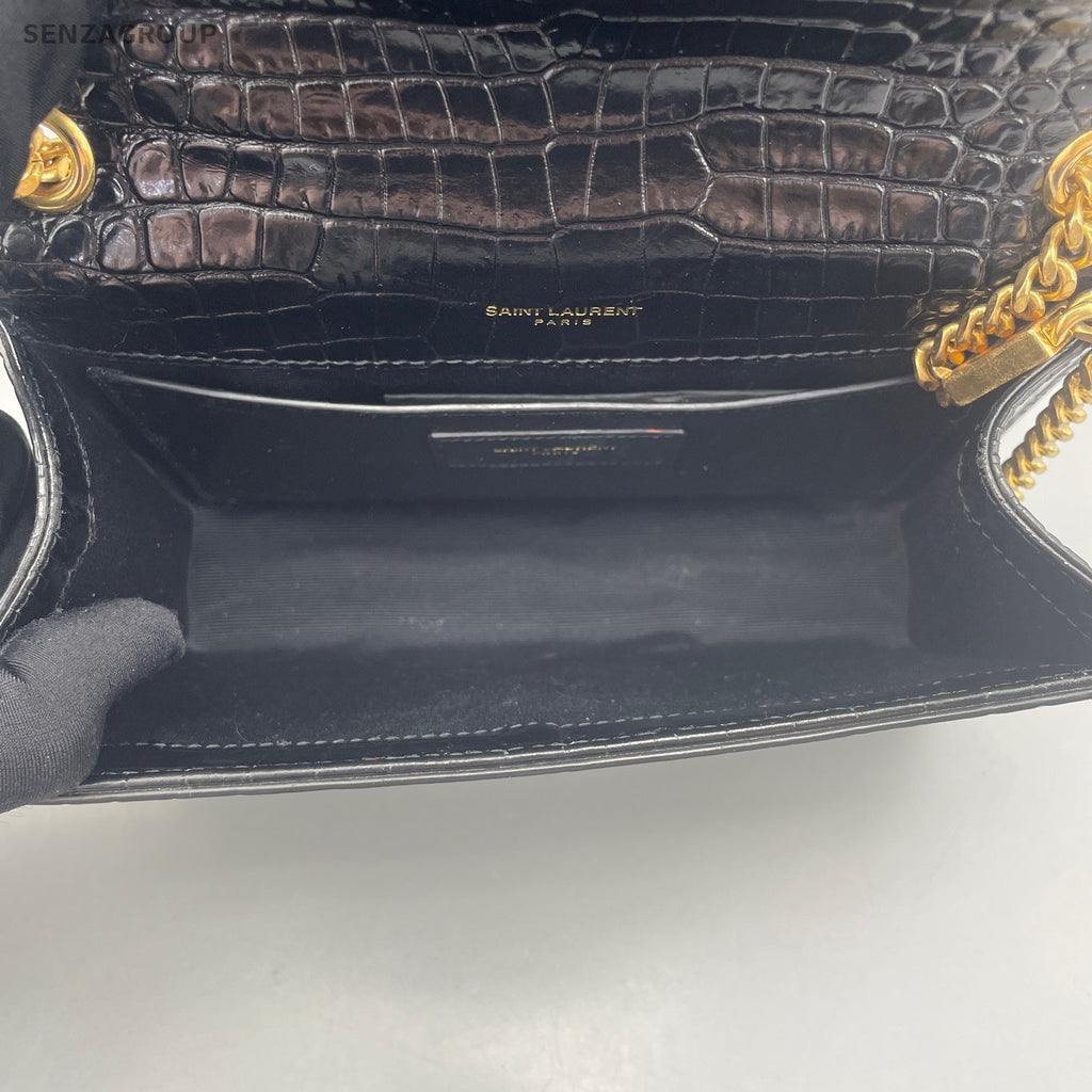 YSL Saint Laurent Kate PM Alligator pattern Chain Shoulder bag Black Gold Women