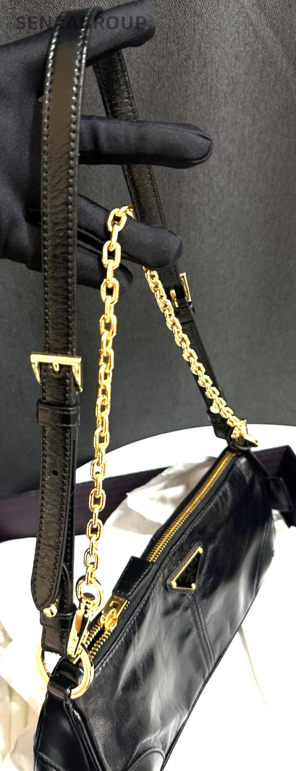 PRADA Triangular enamel metal Shoulder Handbag Black Gold Oil waxed leather