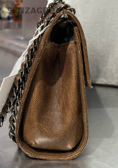 Chanel Classic Flap PM Calfskin Chain Shoulder Bag Crossbody Brown Silver Women