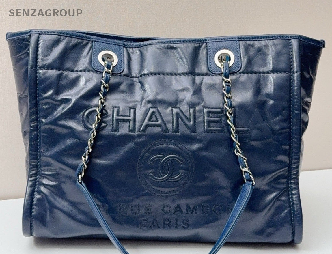 Chanel Deauville Calfskin Tote Chain Shoulder Bag Blue Silver Women Classic