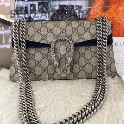 Gucci Dionysus GG Supreme Beige Shoulder Bag Silver Chain Classic Women