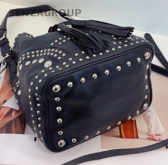Prada Drawstring Bucket 2Way Top Handle Bag Shoulder Bag Black Silver Women
