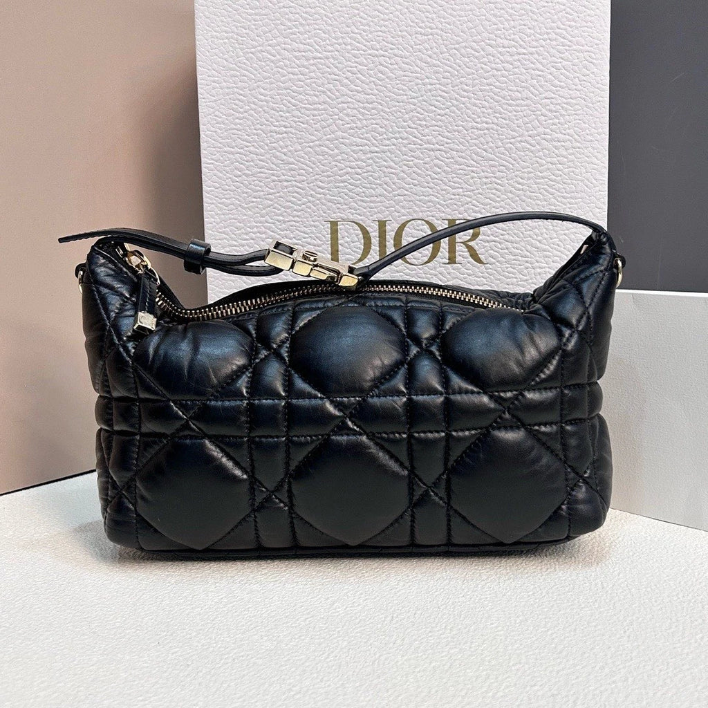 Excellent Christian Dior Travel Calfskin MM Hobo Black Handbag Shoulder Bag Gold
