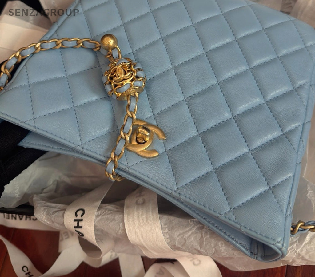 Chanel Diamond Hobo Bag Chain Shoulder Bag Crossbody Blue Gold Women Classic