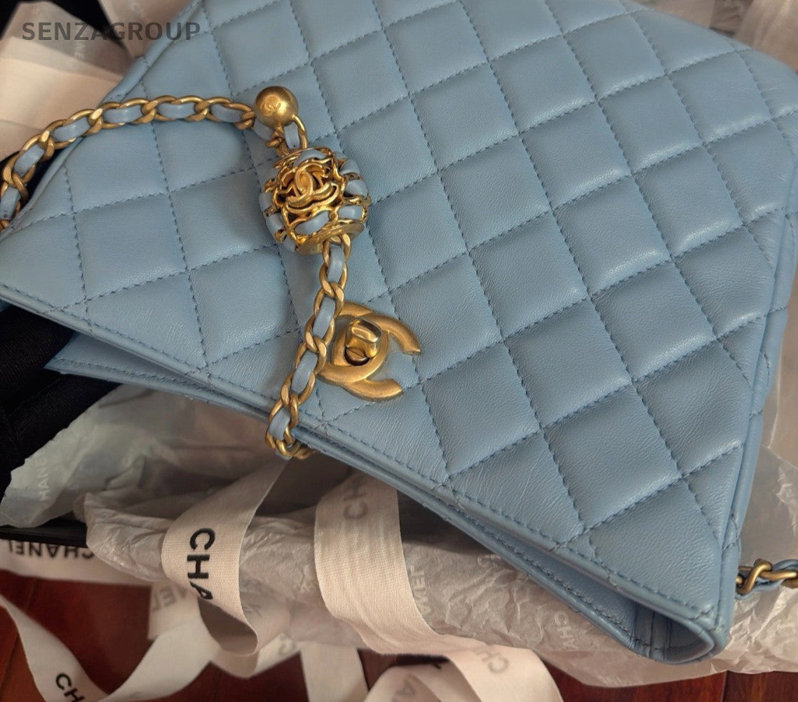 Chanel Diamond Hobo Bag Chain Shoulder Bag Crossbody Blue Gold Women Classic
