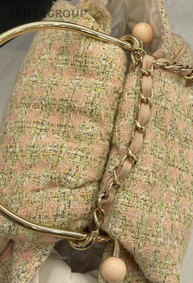 Chanel Tweed Vintage Top Handle Bag Pink Gold Used Women Classic Designer