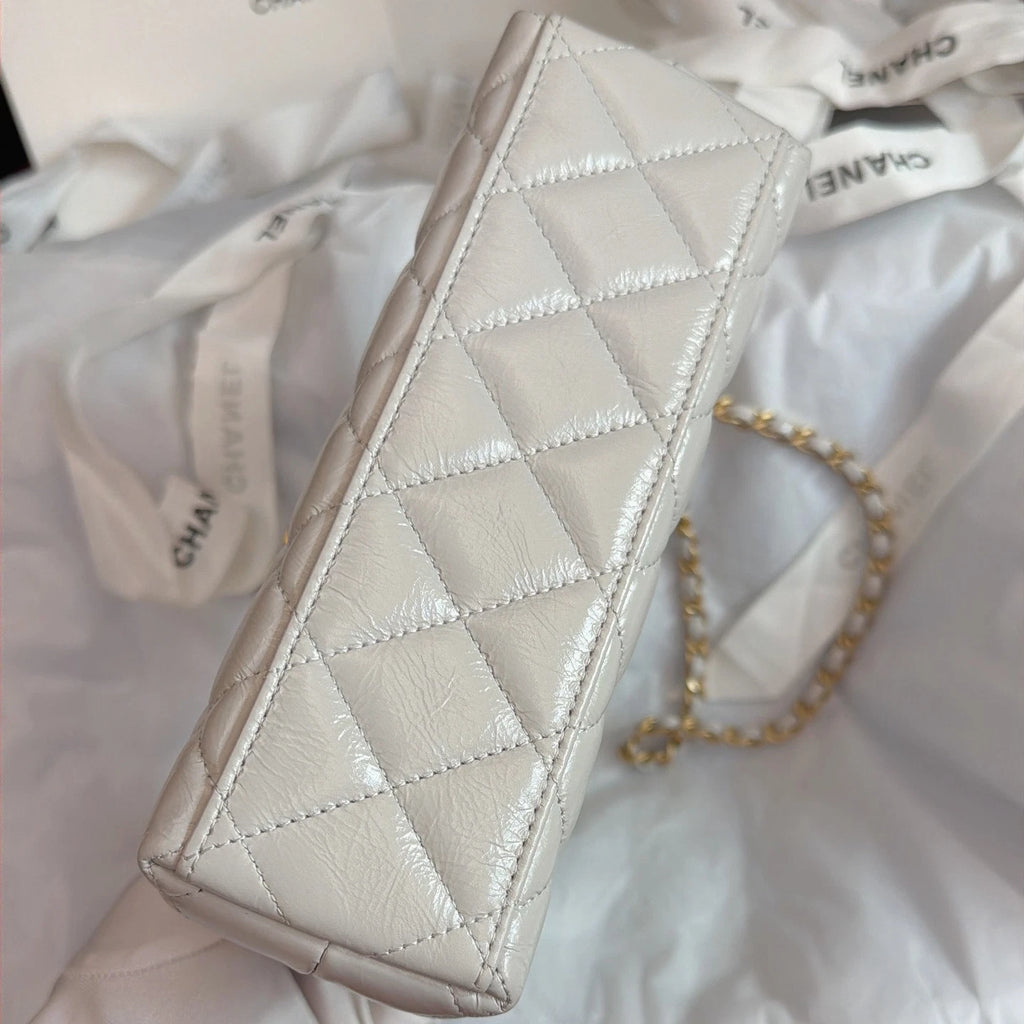 Chanel Kelly Diamond Chain Top Handle Crossbody Gray Gold Women Classic Fashion
