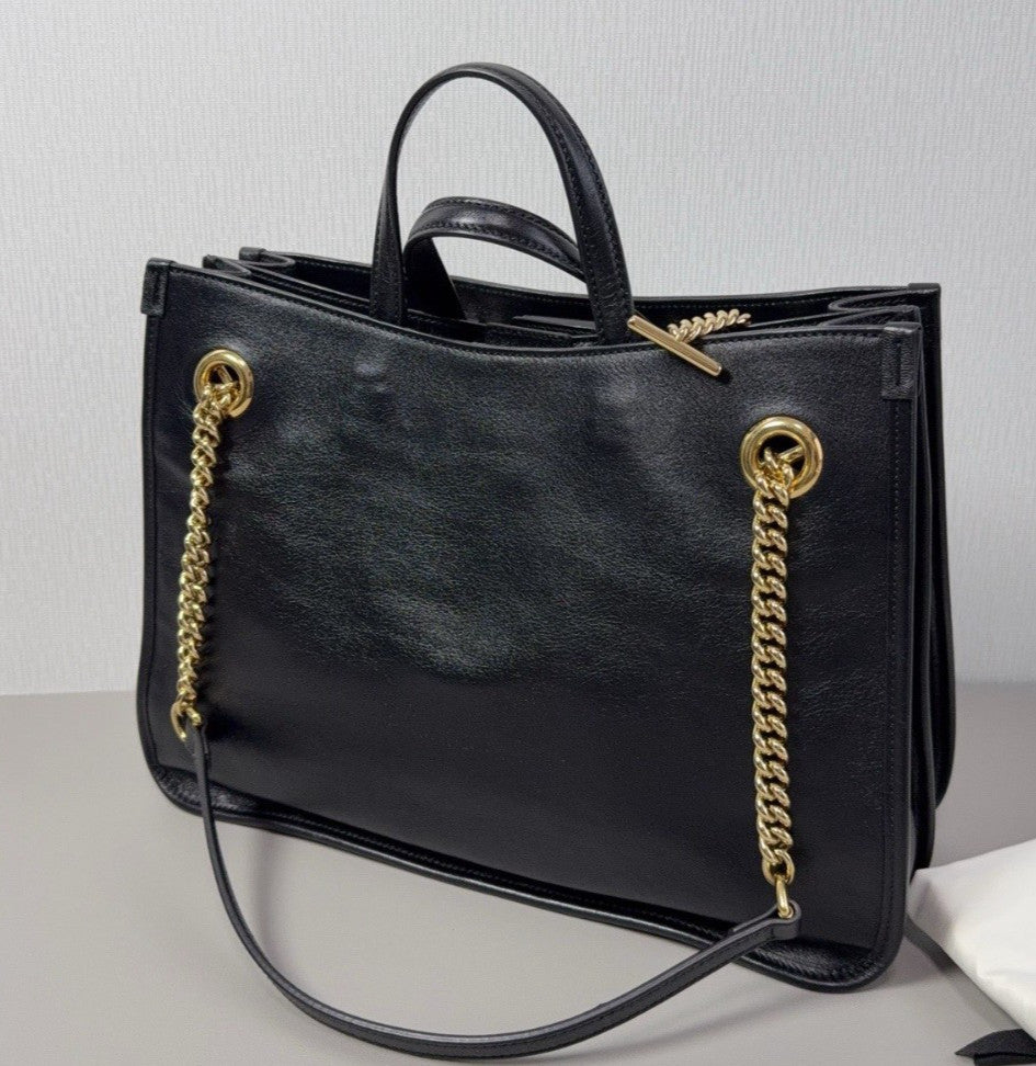 Gucci Horsebit1955 MM Tote Top Handle Chain Shoulder Bag Black Gold Used Women