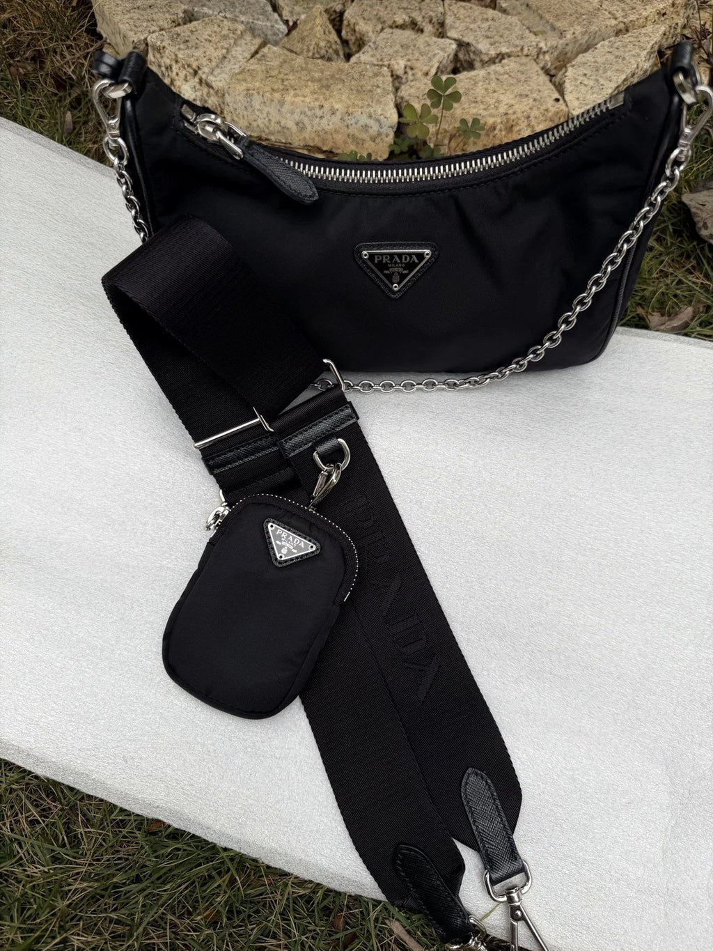 Prada Nylon Hobo Chain Shoulder Bag Crossbody Black Silver Women Classic