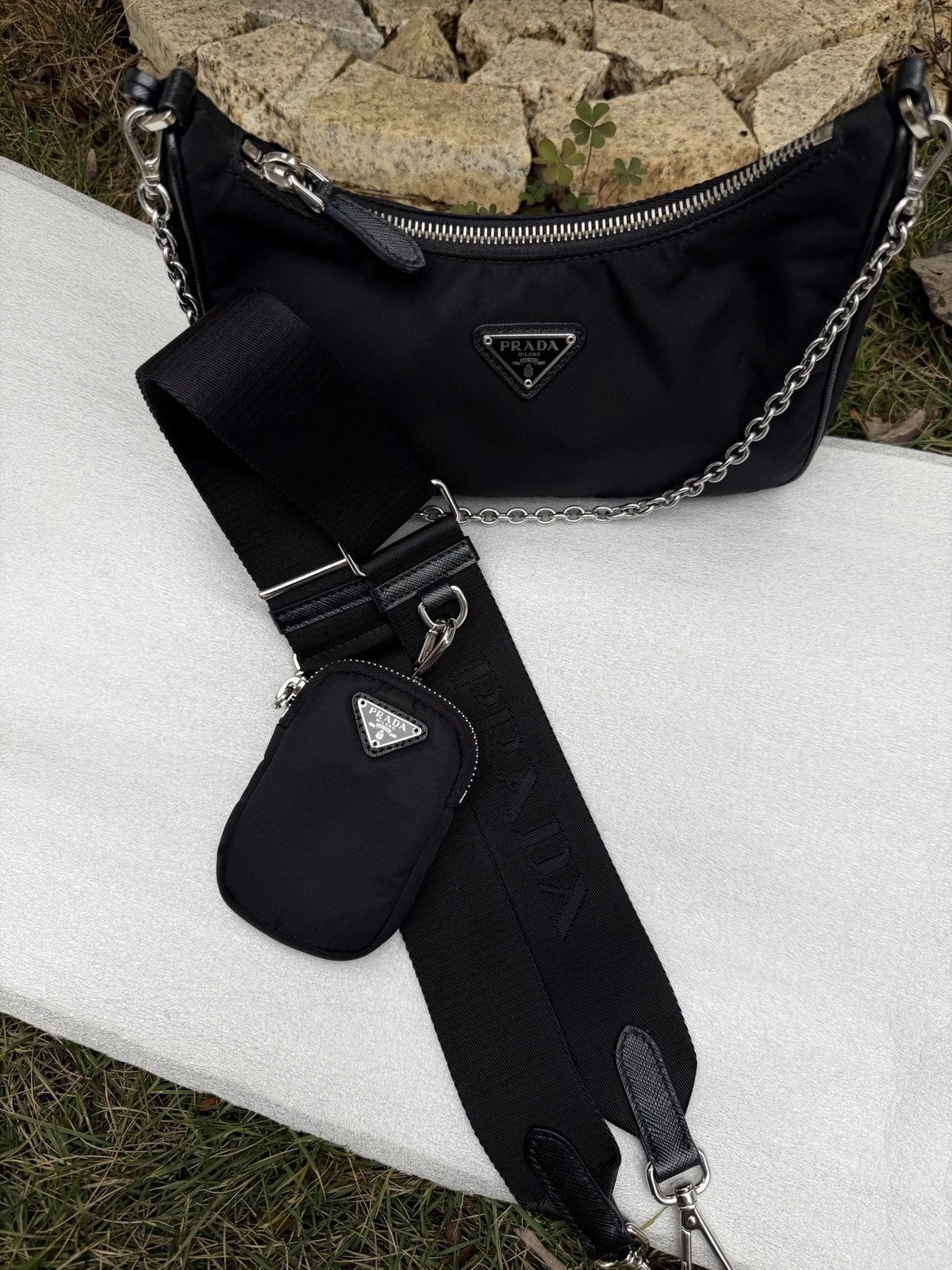 Prada Nylon Hobo Chain Shoulder Bag Crossbody Black Silver Women Classic