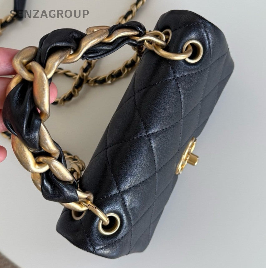 Chanel Diamond Mini Chain Top Handle Bag Crossbody Black Gold Used Women Classic