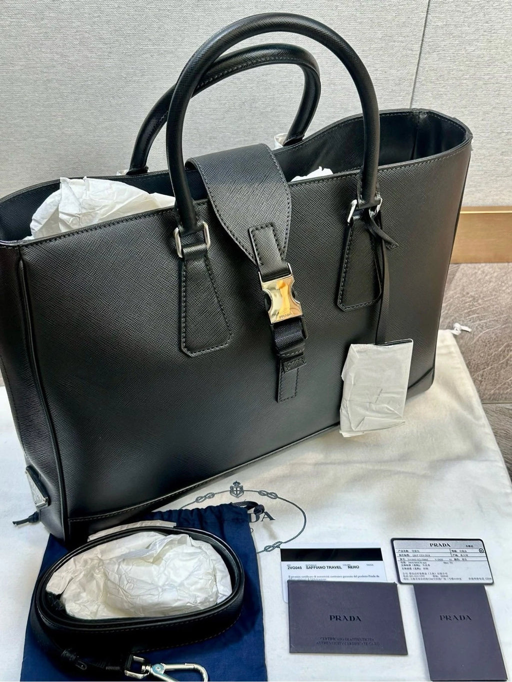 Prada Black Crossgrain Leather Tote Handbag Shoulder Crossbody Women