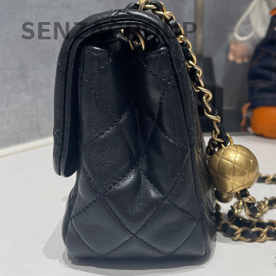 Chanel Classic Black Gold Quilted Mini Square Flap Bag with Ball Chain