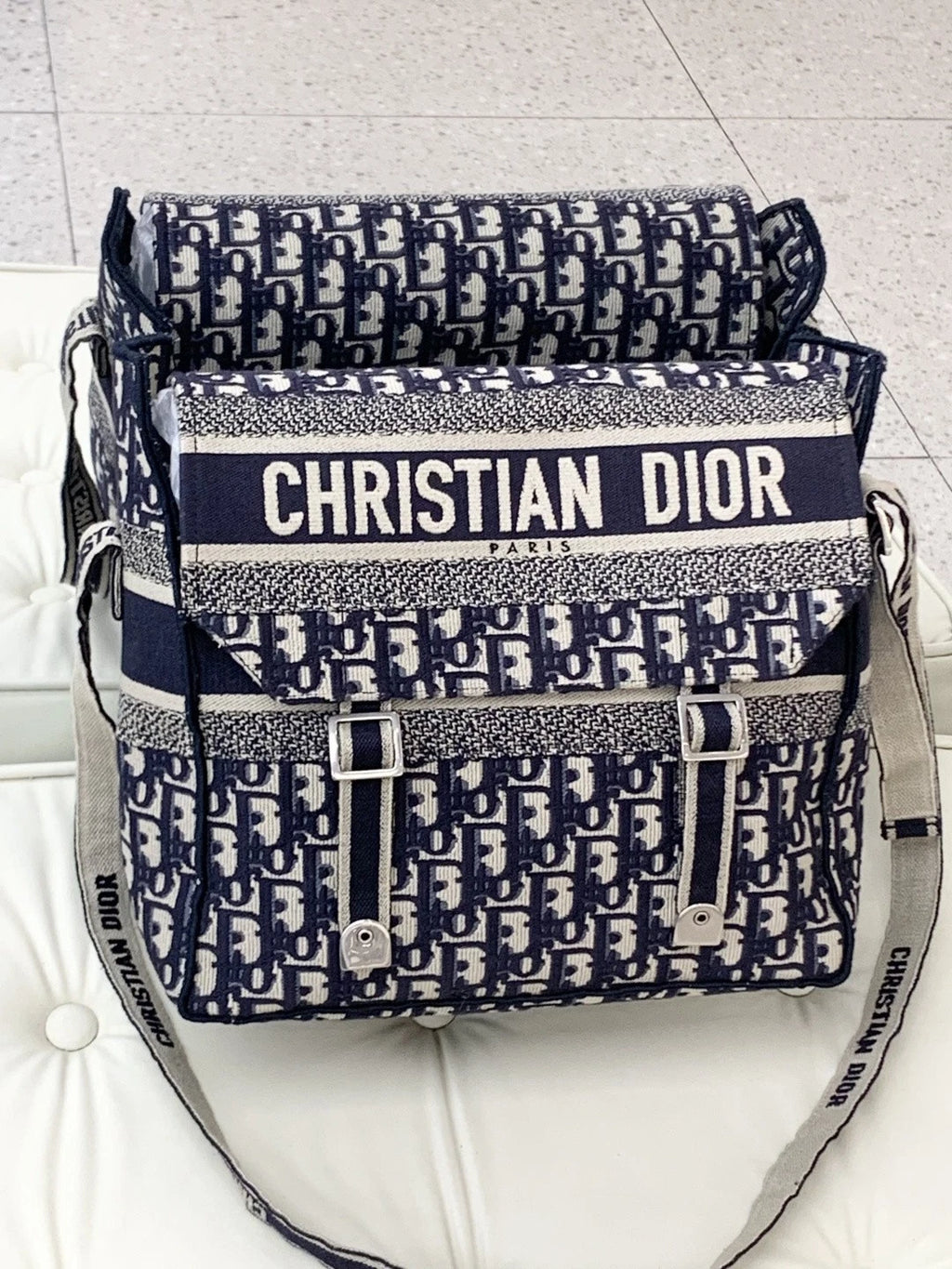 Christian Dior Camp Oblique Shoulder Crossbody Bag Blue Silver Unisex S