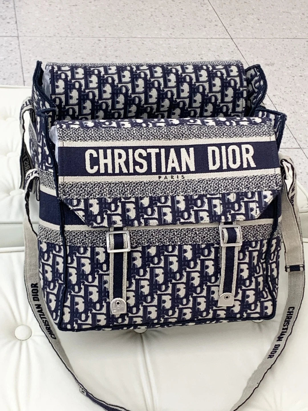 Christian Dior Camp Oblique Shoulder Crossbody Bag Blue Silver Unisex S
