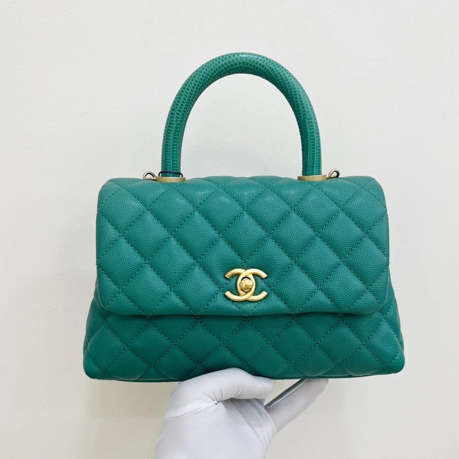Chanel Cocohandle PM Calfskin Chain Top Handle Crossbody Green Gold Women