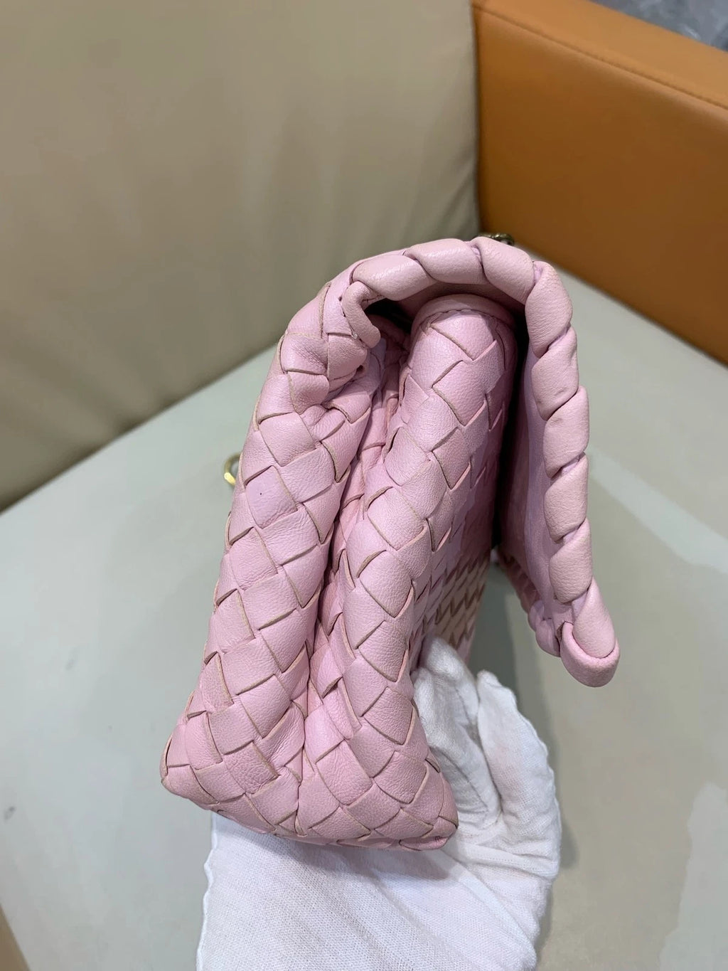 Bottega Veneta Small Olympia Pink Woven Lambskin Shoulder Crossbody Women