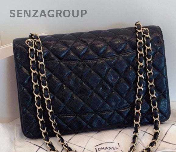 Chanel Classic Flap Jumbo Calfskin Chain Shoulder Bag Black Gold Used Women