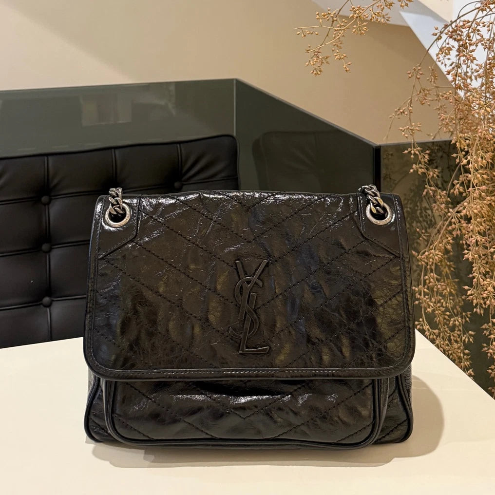 Saint Laurent YSL Niki Medium Chain Shoulder Bag Black Silver