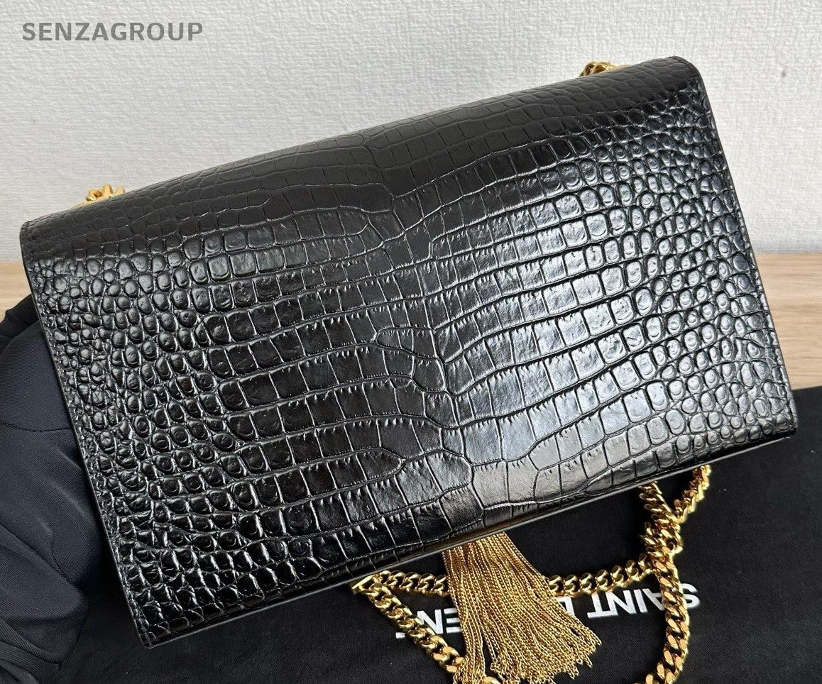 Saint Laurent Kate MM Tassel Chain Shoulder Bag Black Gold Women Classic Fashion