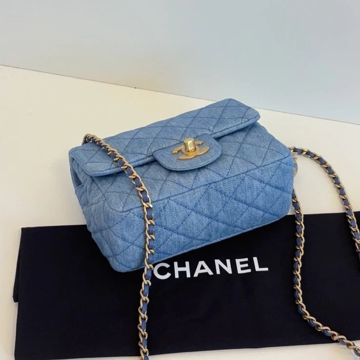 Chanel Classic Flap Denim Chain Shoulder Bag Crossbody Blue Gold Women Fashion
