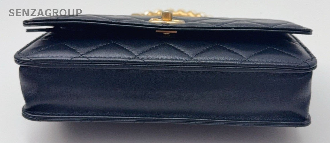 Chanel WOC Pearl Chain Shoulder Bag Crossbody Black Gold Women Classic