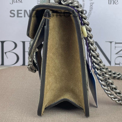 Gucci Dionysus Small Suede GG Supreme Brown Silver Chain Shoulder Bag Women