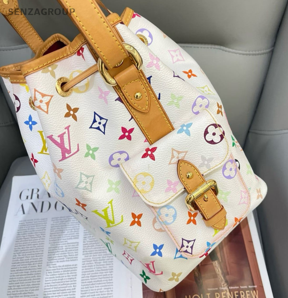 Louis Vuitton Monogram Bucket Shoulder Bag White Multicolor Gold Women Classic
