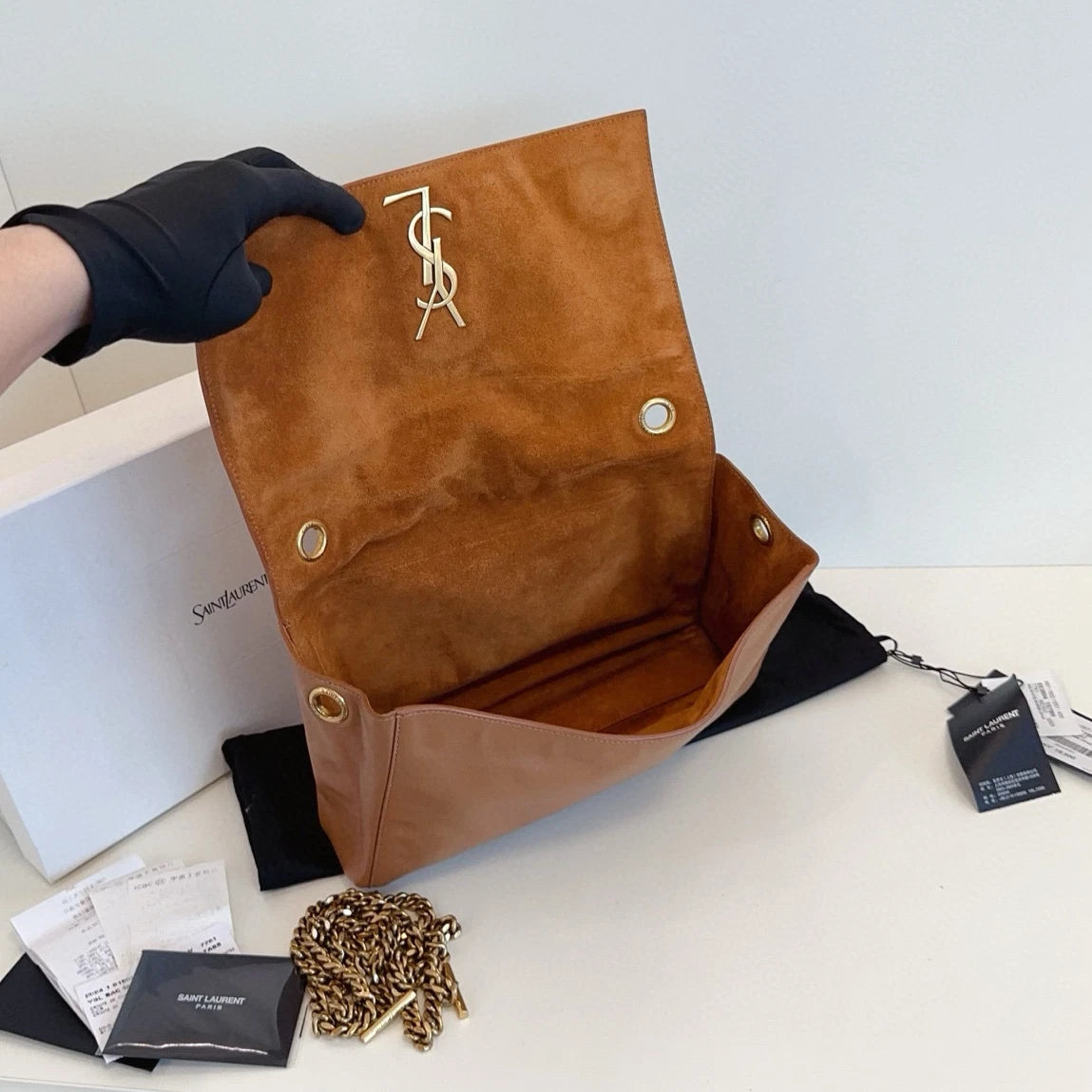 Saint Laurent Reversible Kate Chain Shoulder Crossbody Brown Gold Women Classic