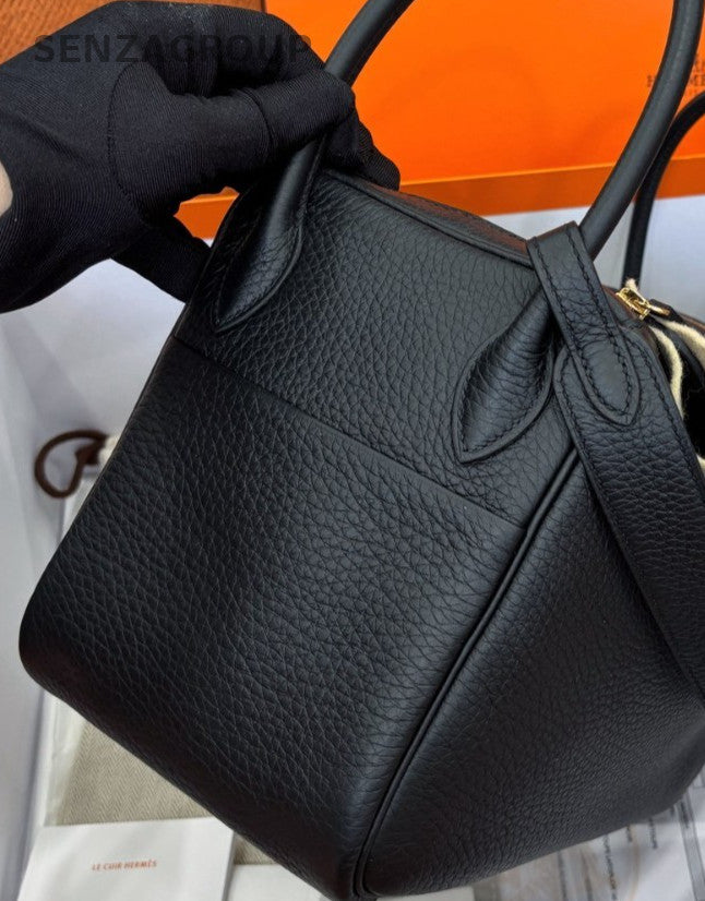 Hermes Lindy 26 TC Leather Top Handle Bag Black Gold Used Women Classic Designer