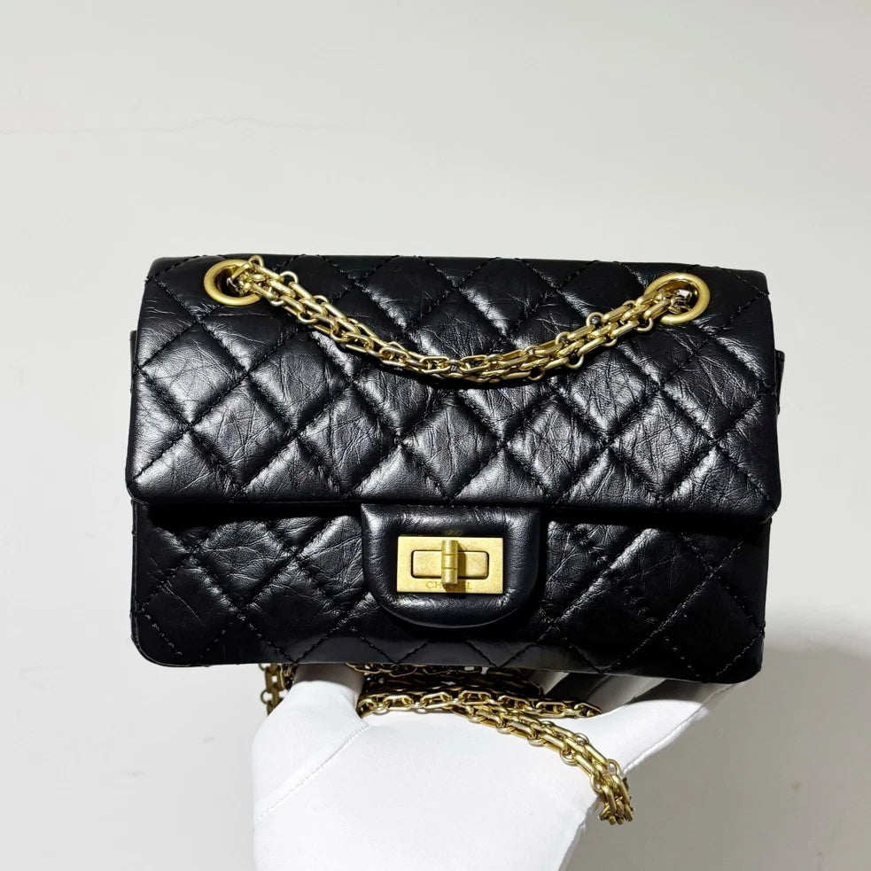 Chanel 2.55 Mini Chain Shoulder Bag Crossbody Black Gold Women Classic Diamond