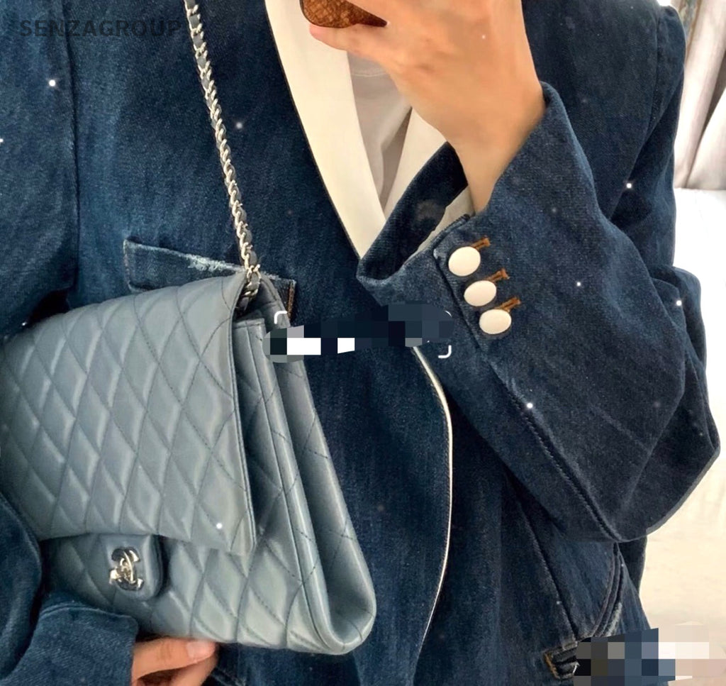 Chanel Timeless Classic Flag Armpit Caviar Leather Shoulder Bag Blue Women