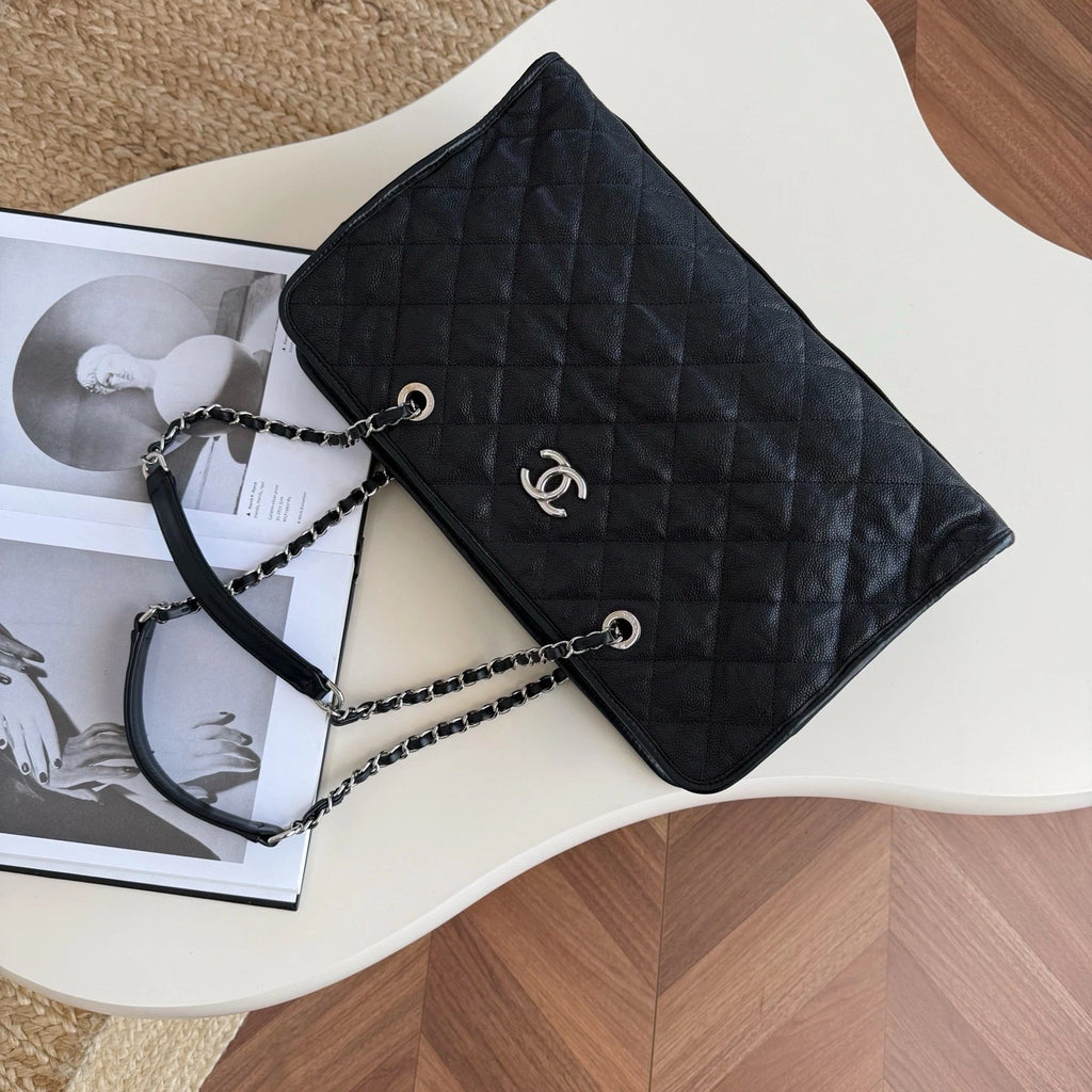 Chanel Calfskin Tote Chain Shoulder Bag Black Silver Diamond Women Classic