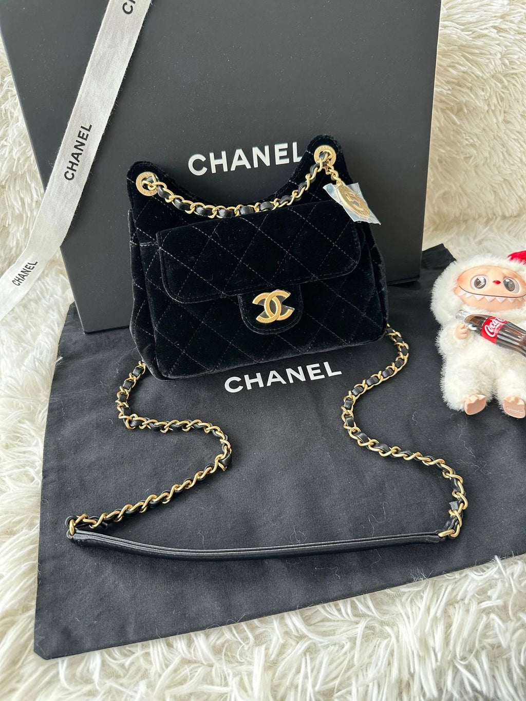 CHANEL Small Black Gold Velvet Shoulder Bag For Women