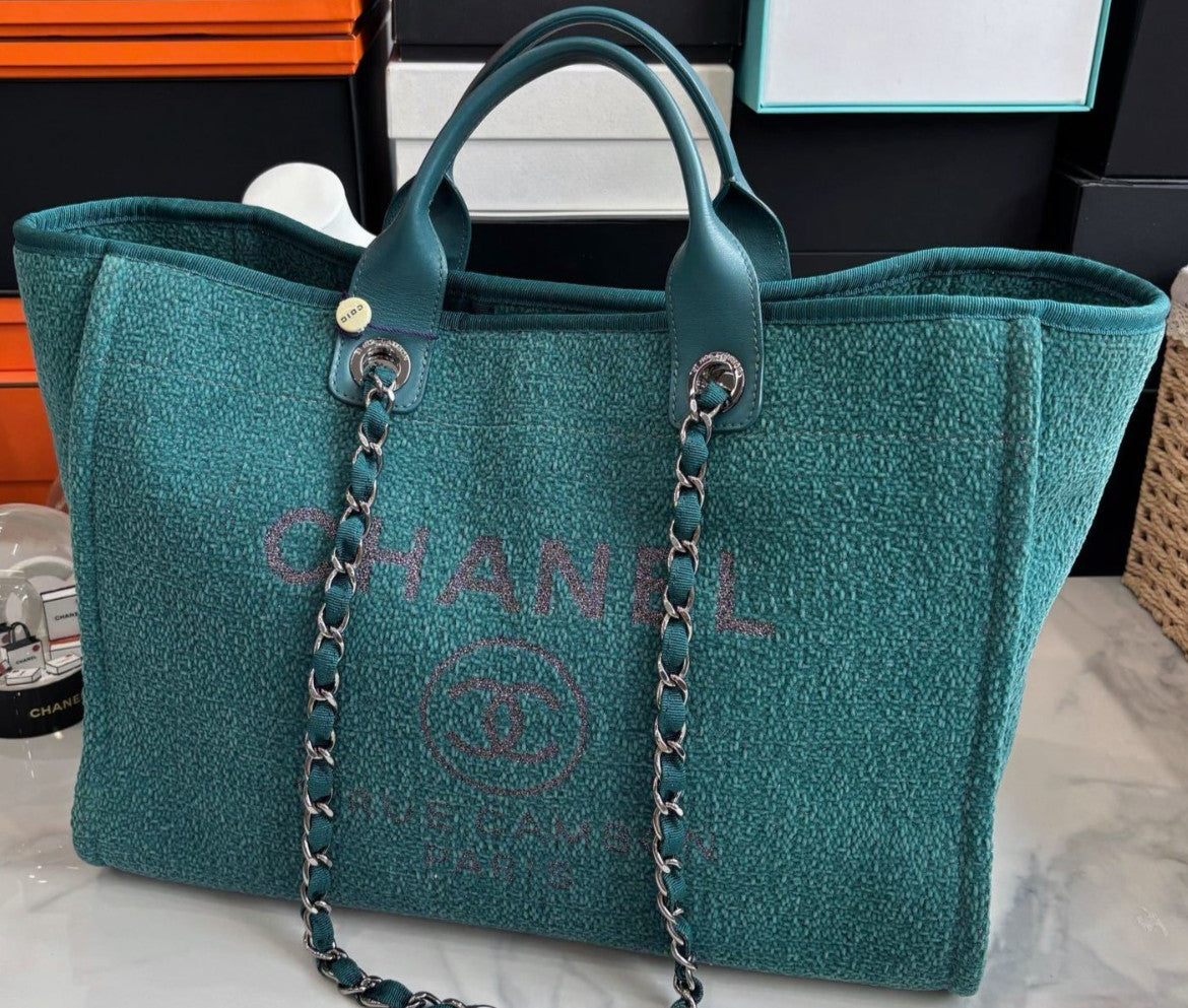 Chanel Beach Tote Top Handle Shoulder Bag Green Women Classic