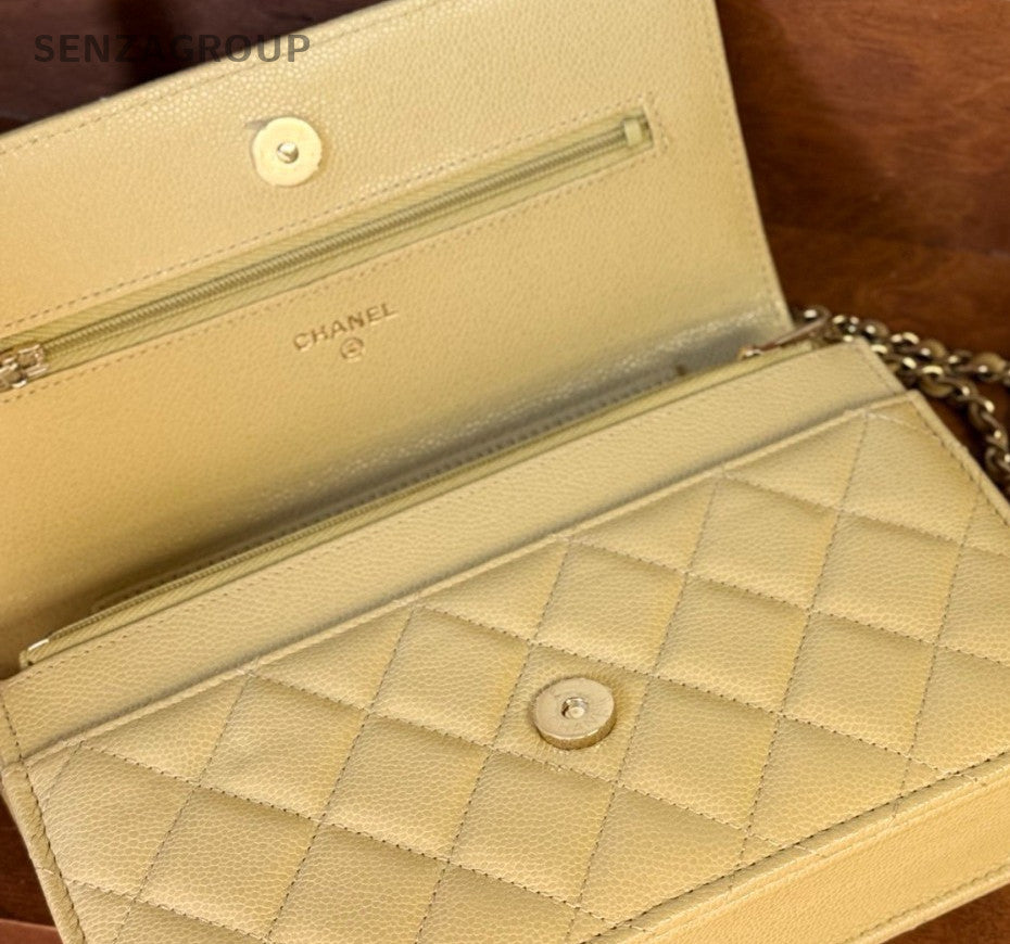 Chanel WOC Calfskin Diamond Chain Shoulder Bag Yellow Gold Used Women Classic