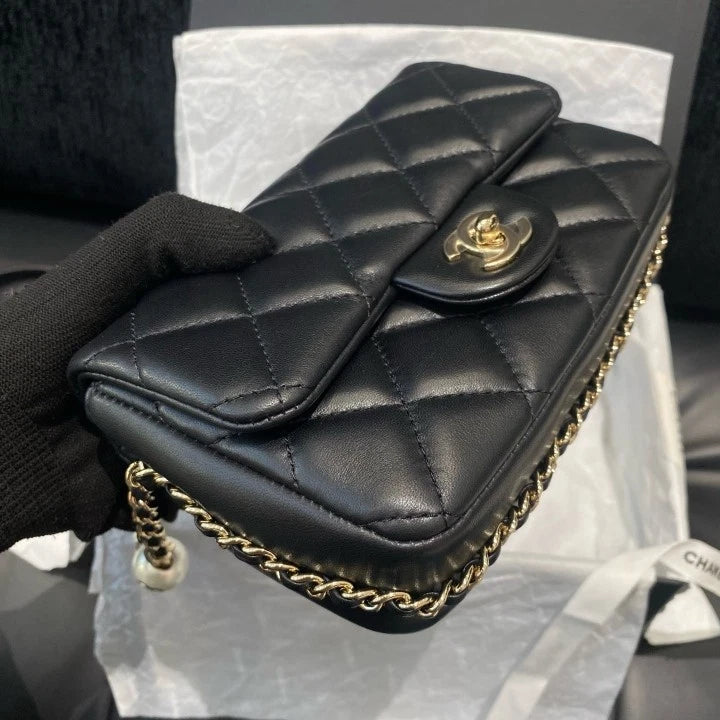 Chanel Classic Flap Mini Chain Shoulder Crossbody Bag Black Gold Women D