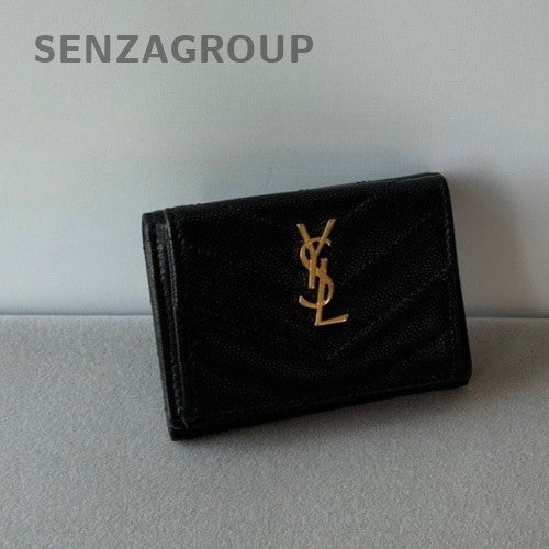 YSL Saint Laurent Caviar Leather Tri-fold Envelope Wallet Clutch Women Black