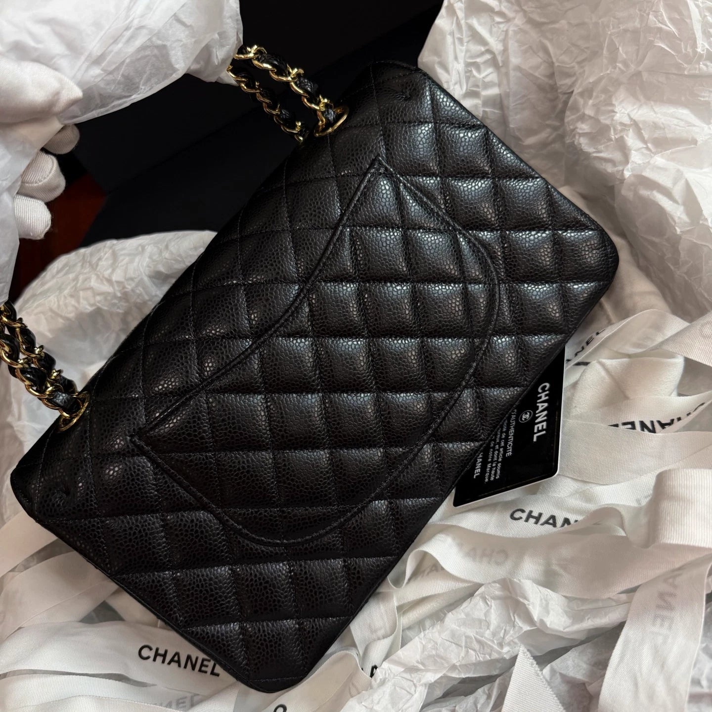 New Chanel Classic Flap MM Calfskin Chain Black Shoulder Bag Crossbody GHW