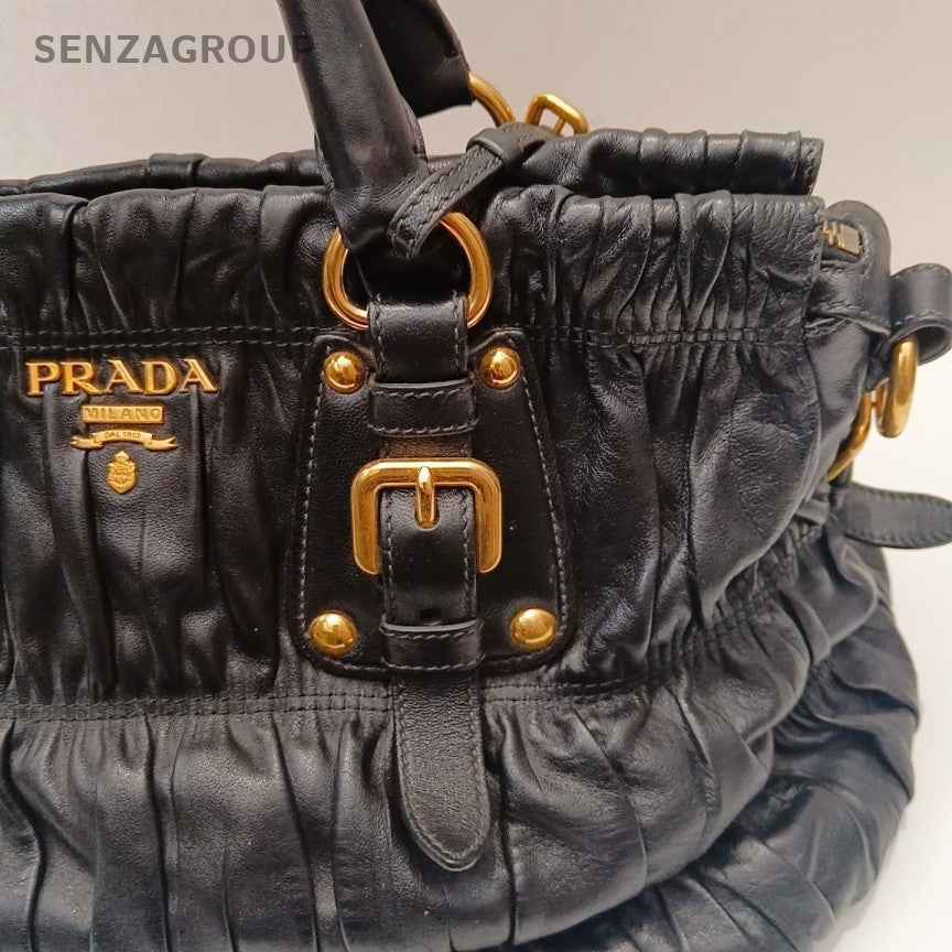 Prada Nappa Tote Black Gold Shoulder Bag Crossbody Used Women Classic Designer