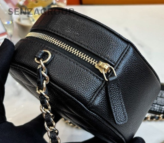 Chanel Caviar Leather Mini Round Flap Shoulder Crossbody Bag Black Women