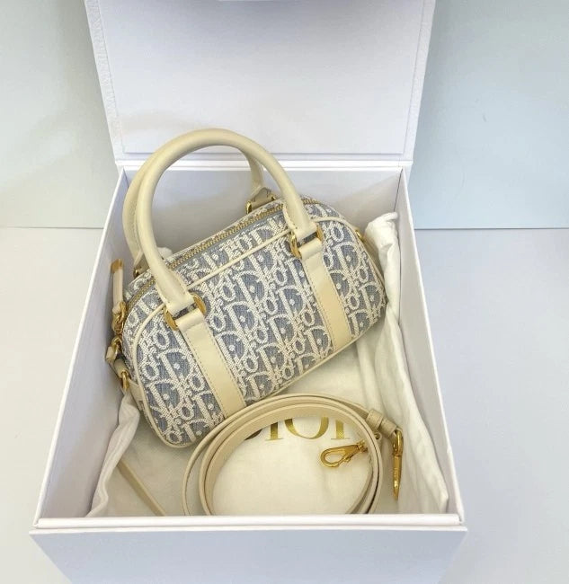 Authentic Dior D-Vibe Mini Bowling Bag Blue Canvas Beige Leather For Women
