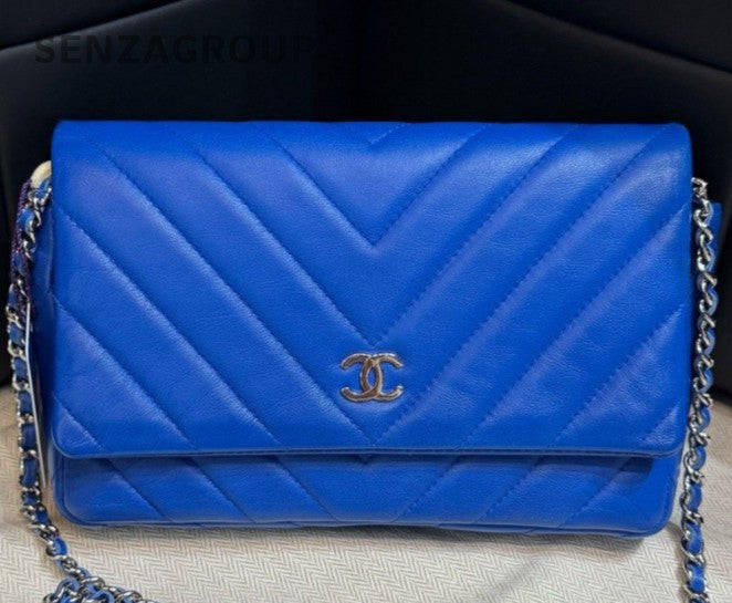 Chanel Classic Flap Mini Lambskin Chain Shoulder Bag Crossbody Blue Silver Women