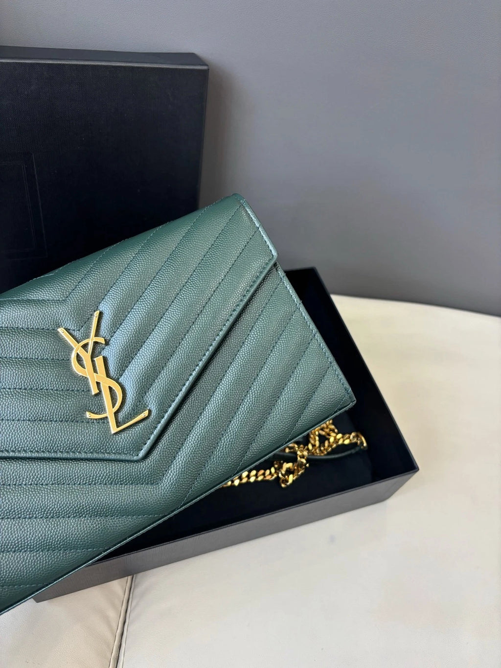 Saint Laurent Kate Chain Shoulder Crossbody Bag Green Gold Hardware Women