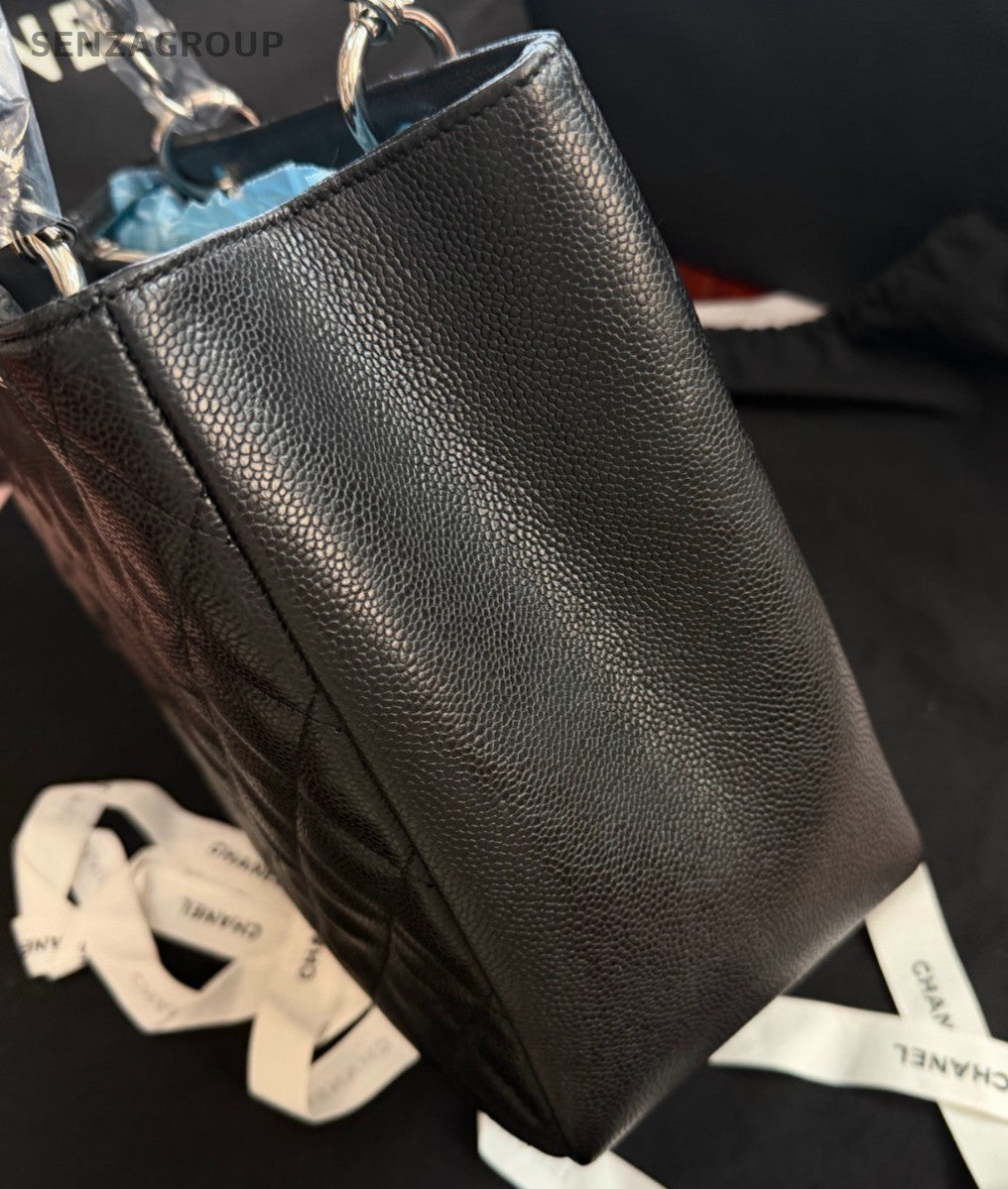 Chanel GST MM Calfskin Tote Chain Shoulder Bag Black Silver Women Classic