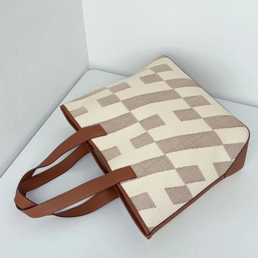 Excellent Hermes Cabas H En Biais Canvas Brown White Tote Handbag Shoulder Bag