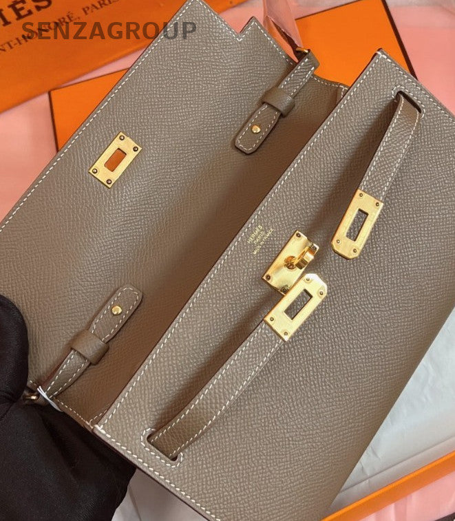 Hermes Kelly To Go Epsom Leather Shoulder Bag Gray Gold Women Classic