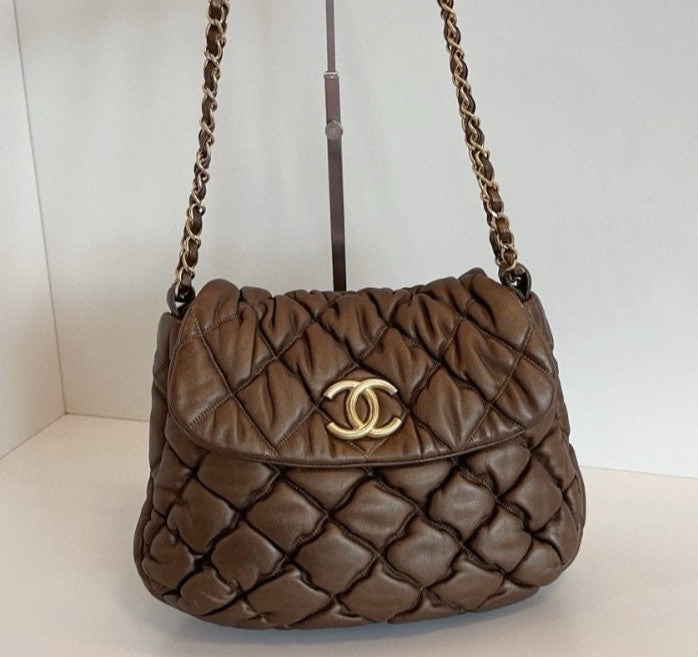 Chanel Diamond Chain Shoulder Bag Brown Gold Used Women Classic