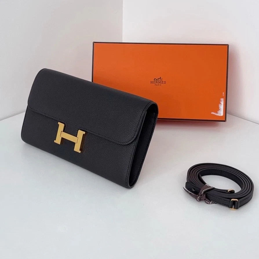 Hermes Constance Togo Epsom Leather Black Gold Clutch Shoulder Bag Crossbody