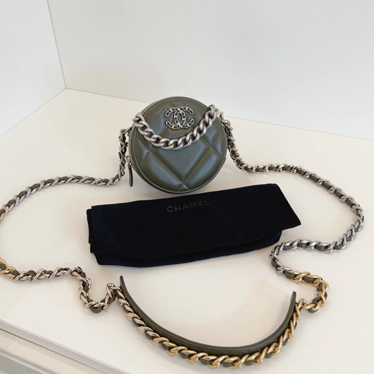 Chanel 19Bag Round Bag Chain Top Handle Shoulder Crossbody Green Gold Women
